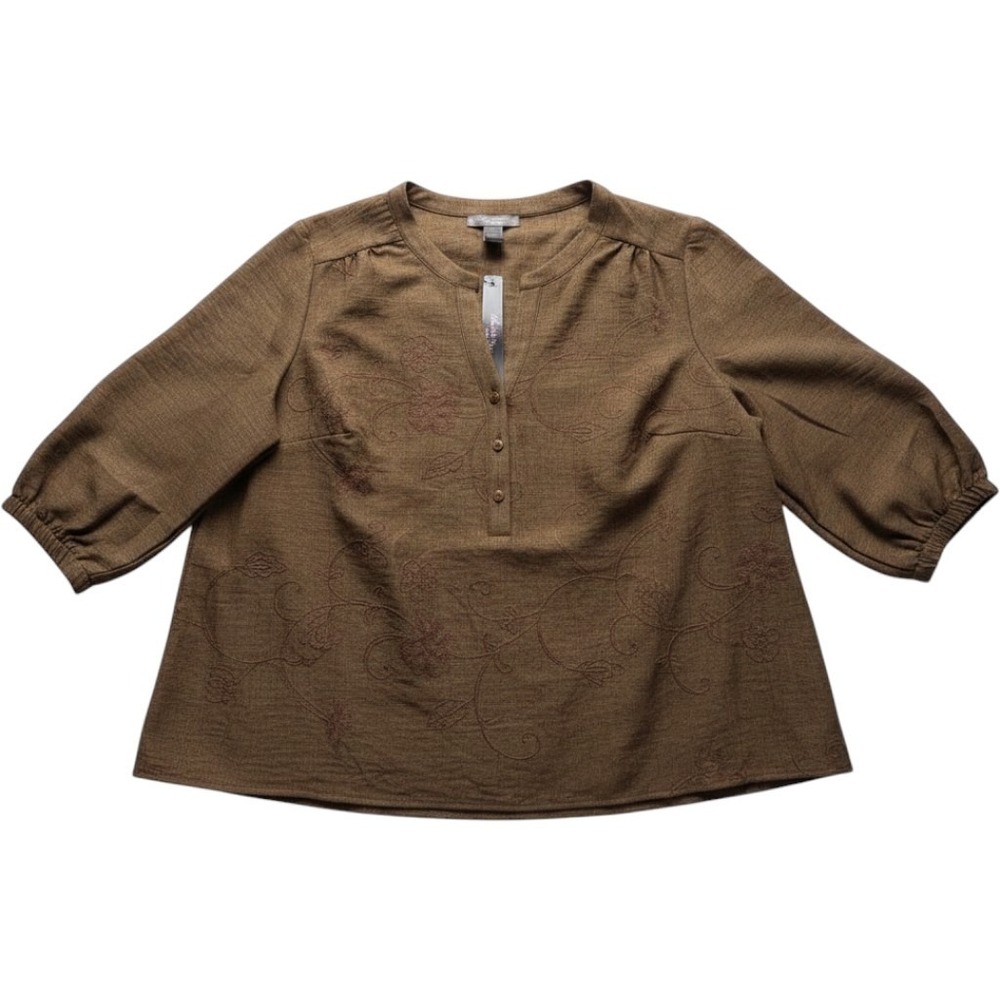 Olivia & Martin Women 3X Brown Embroidered Split Neck 3/4 Sleeve Blouse NWT